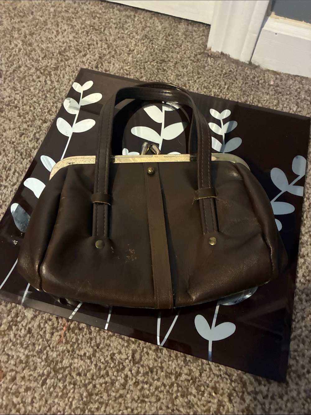 Brown Faux-Leather Frame Satchel Handbag